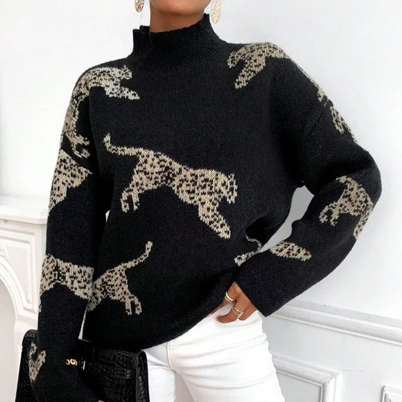 Black Casual Women's Leopard Pattern High Neck Drop Shoulder Sweater - Picture 5 of 6